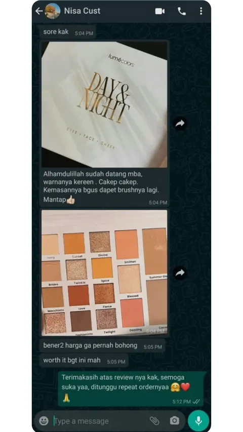 Testimoni chat WhatsApp dengan foto kotak dan palette Day & Night: Alhamdulillah sudah datang mba, warnanya kereen. Cakep cakep. Kemasannya bgus dapet brushnya lagi. Mantap. Bener2 harga ga pernah bohong, worth it bgt ini mah