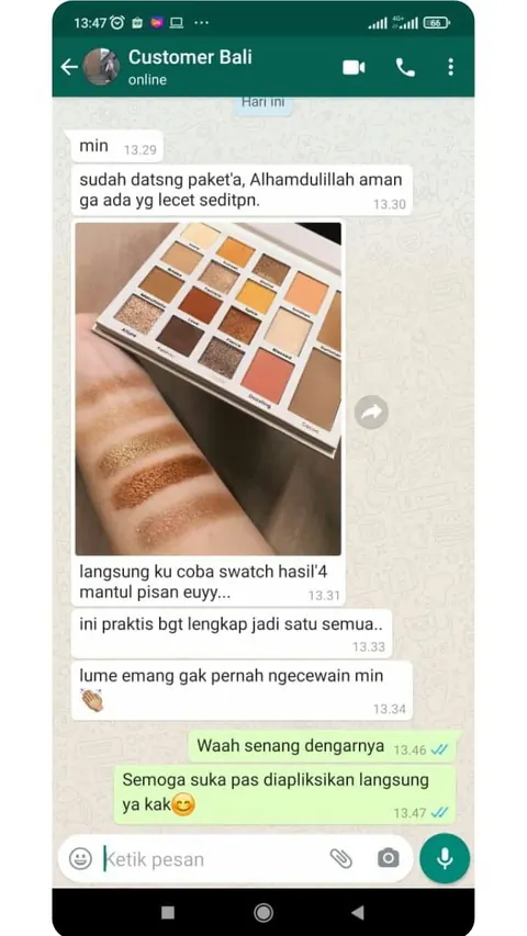 Testimoni chat WhatsApp dengan foto palette dan swatch di lengan: Alhamdulillah aman ga ada yg lecet sedikitpun. Langsung ku coba swatch, hasilnya mantul pisan euyy. Ini praktis bgt lengkap jadi satu semua. Lume emang gak pernah ngecewain