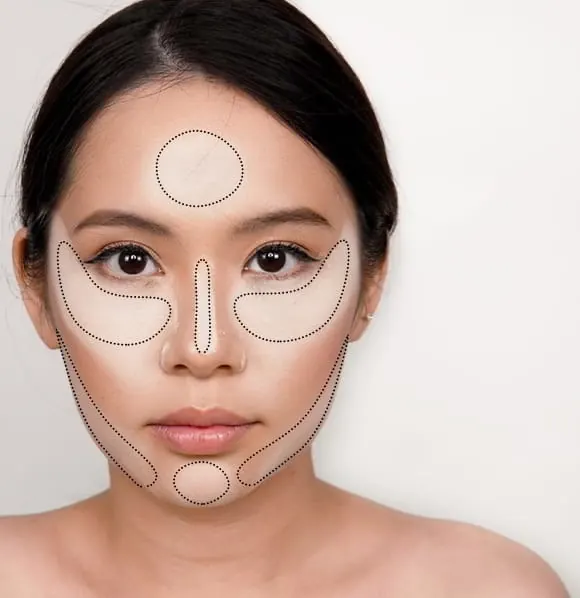 Wajah wanita dengan garis titik-titik di dahi, bawah mata, batang hidung, rahang dan dagu: area untuk baking